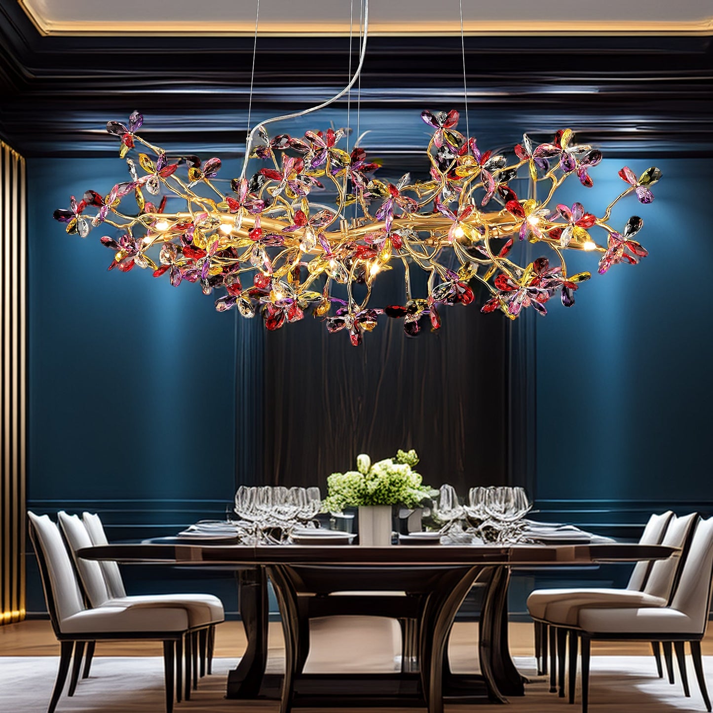 Ruby Gold 1200mm Organic Linear Classic Coloured Crystal Chandelier