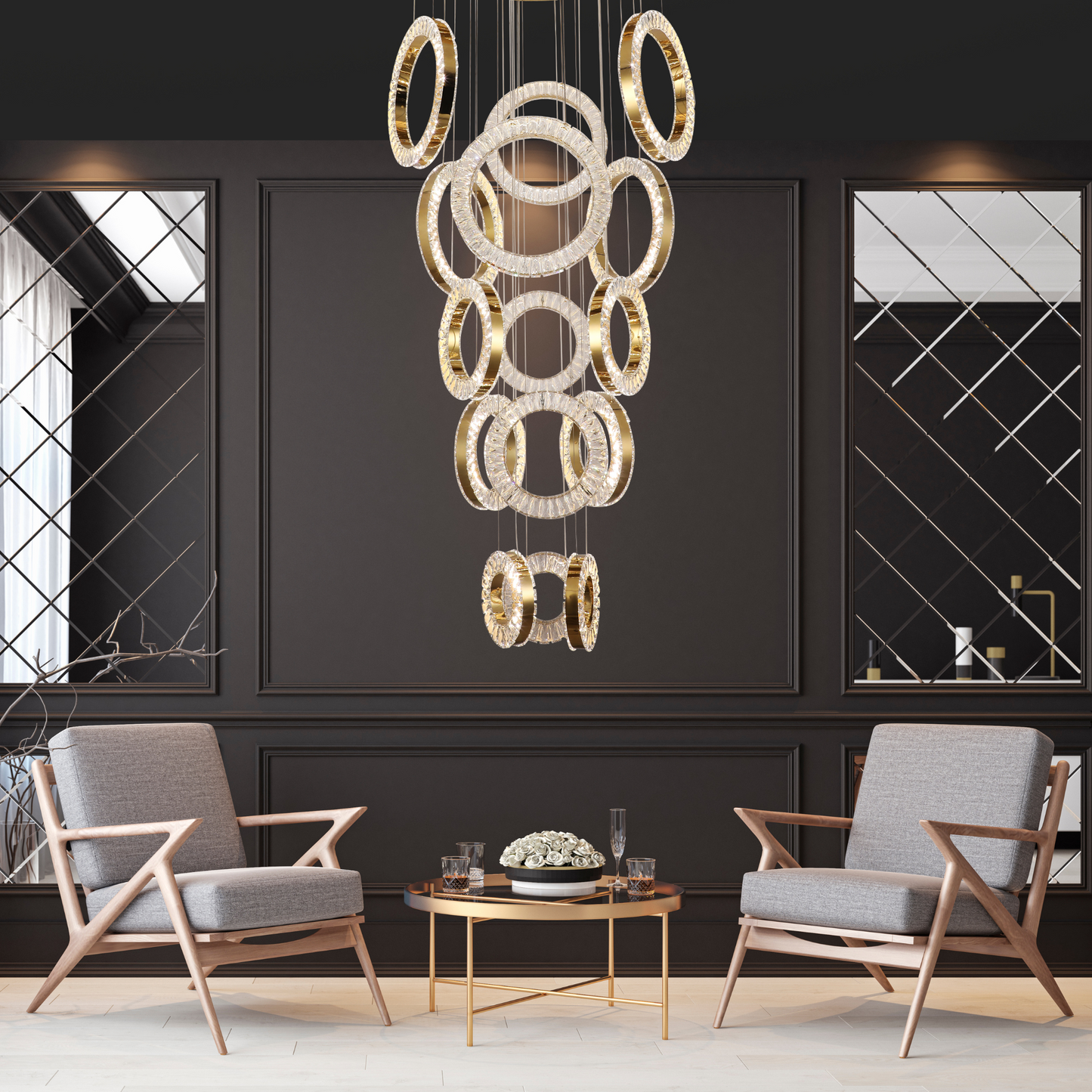 Ronda 15 Ring Cluster Gold and Crystal Tri-Colour Remote Controlled Chandelier