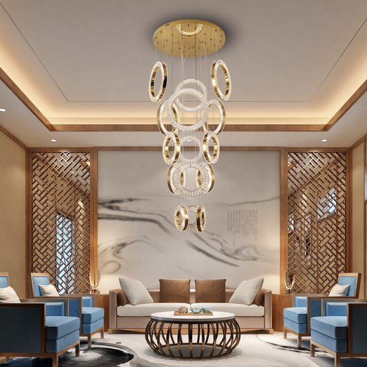 Ronda 15 Ring Cluster Gold and Crystal Tri-Colour Remote Controlled Chandelier