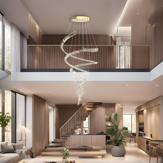 Triana 1000mm Spiral Gold and Crystal Tri-Colour Remote Controlled Chandelier